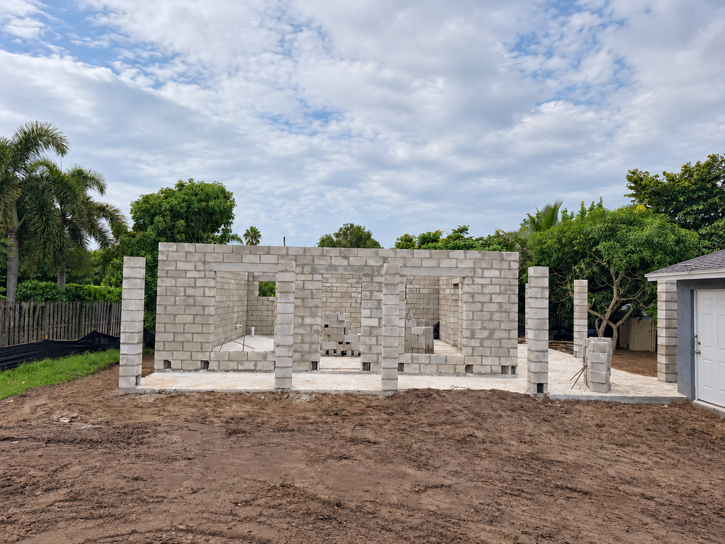 New-construction masonry shell taking shape on site